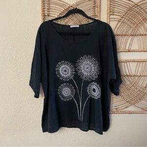Made In Italy Linen Top Blouse Floral Bling Artsy Dandelion Italy *see msrmt B21